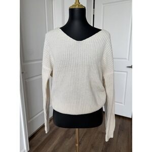 Women's White V-neck knit Pullover  sweater With Open Back. Size Medium